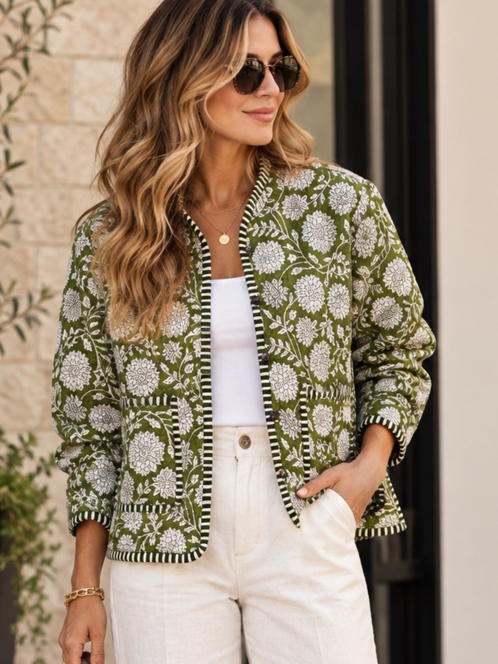 Handmade Green Floral & Stripes Quilted Reversible Button-Up Jacket